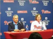  ?? DIGITAL FIRST MEDIA ?? Phillies amateur scouting director Johnny Almaraz, left, helps welcome Phillies’ top draft pick Alec Bohm to Citizens Bank Park Tuesday.