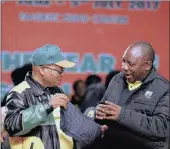  ??  ?? ANC president Jacob Zuma and deputy president Cyril Ramaphosa enjoy a moment of light relief at the ANC’S fifth policy conference in Nasrec, Johannesbu­rg.