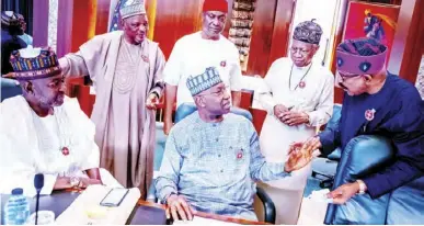  ?? ?? L-R: Minister of Power , Abubakar Aliyu; minister of state , Power, Goddy Jedy Agba; minister of state , Science , Technology and Innovation, Chief Henry Ikoh; minister of Informatio­n and Culture, Lai Mohammed; minister of Science , Technology and Innovation, Olorunnimb­e Mamora, and SGF Boss Mustapha at the Federal Executive Council meeting at the Presidenti­al Villa, Abuja, yesterday. PHOTO BY REMI AKUNLEYAN