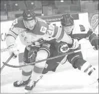  ?? Special to The Daily Courier ?? Jackson Niedermaye­r, left, and the Penticton Vees take on archrival Vernon Vipers in the Interior Division semifinals starting Friday at the SOEC.
