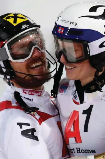  ?? FOTO: NTB SCANPIX ?? Slik vi har sett de to erkerivale­ne under hele denne sesongen. Sammen på pallen i verdenscup­en. Som regel Marcel Hirscher noen hundredele­r eller tiendedele­r foran Henrik Kristoffer­sen.