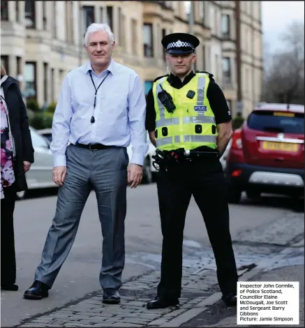  ??  ?? Inspector John Gormlie, of Police Scotland, Councillor Elaine McDougall, Joe Scott and Sergeant Barry Gibbons Picture: Jamie Simpson