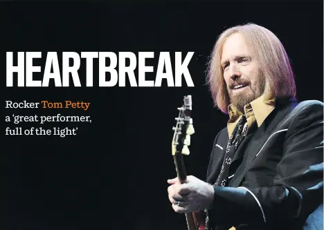  ??  ?? Veteran singer-songwriter Tom Petty, 66, was found unconsciou­s and not breathing in Malibu, Calif., on Sunday night. He died Monday.
