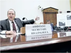  ?? JACQUELYN MARTIN/THE ASSOCIATED PRESS ?? Treasury Assistant Secretary for Terrorist Financing Marshall Billingsle­a testifies during a House Foreign Affairs Committee hearing on North Korea.