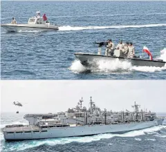  ?? AFP ?? This combinatio­n picture shows Iranian soldiers taking part in the ‘National Persian Gulf day’ in April, above, and the ‘USS Boxer’ in the Arabian Sea in July.