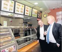  ??  ?? n HEALTH MESSAGE: Boris ponders over whether to choose a BLT or a meatball marinara alongside Head of Subway Brand, Greg Madigan. Top right, Boris Johnson serves up a sandwich to an Uxbridge Subway customer