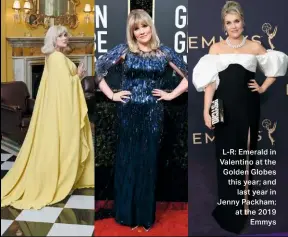  ??  ?? L-R: Emerald in Valentino at the Golden Globes this year; and last year in Jenny Packham; at the 2019 Emmys