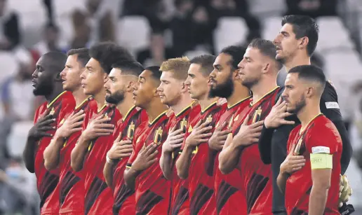  ?? ?? Belgium players line up during the national anthems before a UEFA Nations League semifinal match against France at the Allianz Stadium, in Turin, Italy, Oct. 7, 2021.