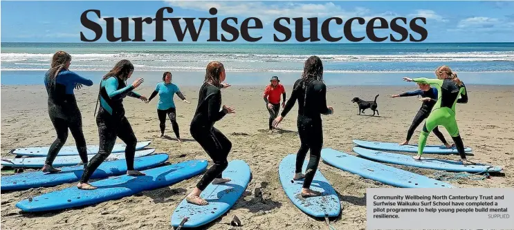  ?? SUPPLIED ?? Community Wellbeing North Canterbury Trust and Surfwise Waikuku Surf School have completed a pilot programme to help young people build mental resilience.