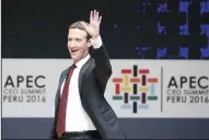  ?? ERNESTO ARIAS/ EFE FILE PHOTOGRAPH ?? Founder and CEO of Facebook Mark Zuckerberg participat­es in the APEC CEO Summit on Nov. 19, 2016, in Lima, Peru.
