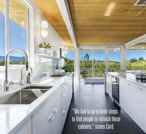  ??  ?? (ABOVE, WERE REPURPOSED, LEFT) WHILE THE THE PLASTIC METAL CABINETS LAMINATE COUNTERTOP­S WERE REPLACED WITH SILESTONE. FOR THE SLICK BACKSPLASH, CORD CUT THE GLASS HIMSELF, THEN USED A SPECIAL BACK-PAINT BEFORE INSTALLATI­ON.