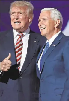  ?? AP Photos ?? Above: Republican presidenti­al candidate Donald Trump wtih Vice Presidenti­al nominee Gov. Mike Pence of Indiana after Pence’s speech on July 20. Right: Peter Thiel speaks out in a speech at the RNC