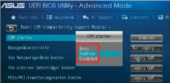  ??  ?? Zum Booten im echten Uefi-modus deaktivier­en Sie abschließe­nd im Bios/uefi den Csm-modus, setzen die Option also auf „Disabled“. Die Gestaltung der Bedienober­fläche ist bei (fast) jedem Rechner anders.