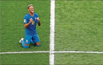  ?? MICHAEL SOHN/THE ASSOCIATED PRESS ?? Brazil’s Neymar reacts at the end of a Group E match against Costa Rica at the World Cup in the St. Petersburg Stadium on Friday in St. Petersburg, Russia.