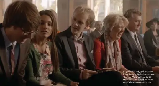  ??  ?? Giggles at Aunty Peg’s funeral from Please Like Me season one: Thomas Ward as Tom, Caitlin Stasey as Claire, Josh Thomas and Debra Lawrance as mum.