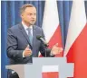  ?? FOTO: DPA ?? Der polnische Präsident Andrzej Duda hat sich mit seinem Veto gegen seine alte Partei gestellt.