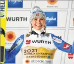  ?? ?? MAREN LUNDBY of Norway is visibly pleased after winning the women's large hill jumping event at the FIS Nordic Ski World Championsh­ips in Oberstdorf, southern Germany