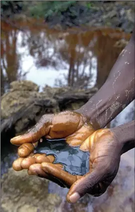  ??  ?? Poisonous problem: A tribesman cups oil polluting his water supply