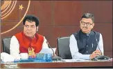  ?? HTPHOTO ?? Uttar Pradesh energy minister Shrikant Sharma (L) at a press ▪ briefing in the state capital on Tuesday.