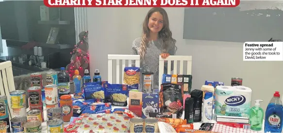  ??  ?? Festive spread Jenny with some of the goods she took to David, below