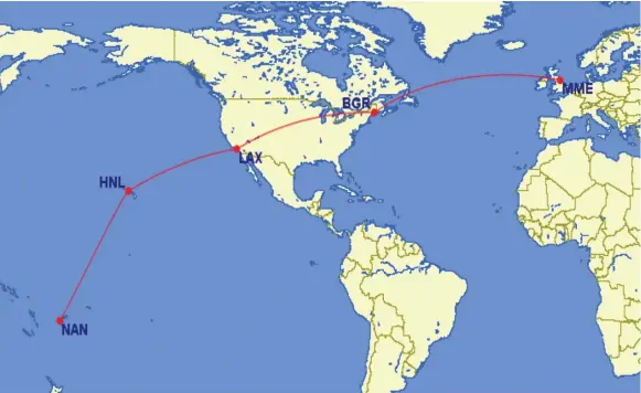  ??  ?? The route the Fiji Airways 737 flew from Nadi, Fiji, to Teesside, United Kingdom.