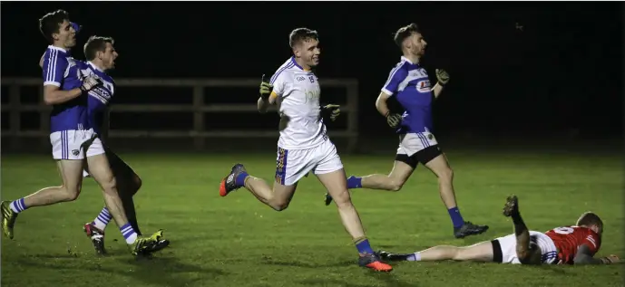  ??  ?? Wicklow’s Patrick ‘Wacker’ O’Connor wheels away after lashing home to the back of the Laois net during the O’Byrne Cup clash in Bray last weekend. Photo: Barbara Flynn