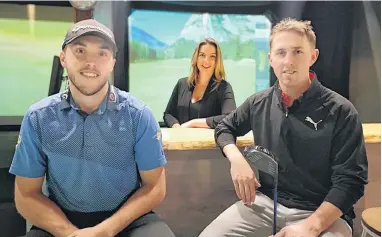  ?? ANDREW WATERMAN/ THE TELEGRAM ?? Blair Bursey (left) is a profession­al golfer from Newfoundla­nd who just finished his first year. He dropped by Tara O’reilly (centre) and Trevor Hefferan’s new business Golfshotz, a sports bar with indoor golf simulators.
