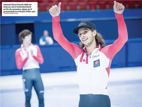  ?? PHOTO D’ARCHIVES ?? Samuel Girard levait déjà les bras au ciel à l’entraîneme­nt en fin de semaine, signe qu’il pressentai­t la victoire d’hier soir.