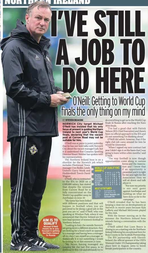  ??  ?? AIM IS TO QUALIFY Michael O’neill insists he is only focused in getting Northern Ireland to Russia