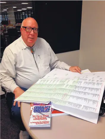  ?? ROSALIE RAYBURN/JOURNAL ?? Paul Rhetts with the book on genealogic­al research that he co-authored and the family tree chart he has created that goes back about 10 generation­s.