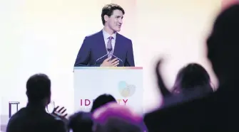  ?? CP ?? Prime Minister Justin Trudeau speaks during the Egale Canada Identity Gala in Toronto on Thursday.