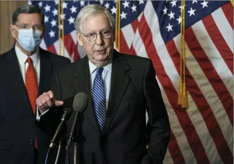  ?? NICHOLAS KAMM — POOL PHOTO VIA AP, FILE ?? In this Tuesday, Dec. 15, 2020, file photo, Senate Majority Leader Mitch McConnell, of Kentucky, speaks during a news conference with other Senate Republican­s on Capitol Hill in Washington, while Sen. John Barrasso, R-Wyoming, listens at left.