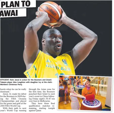  ?? EFFICIENT: Nate Jawai in action for the Boomers and ( inset) Taipans player Alex Loughton with daughter Ivy at the club’s Members Christmas Party. ??