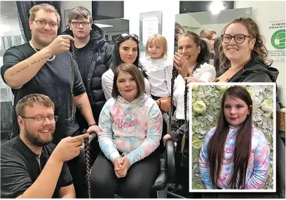  ??  ?? ●● Ffion Nightingal­e with godparents Andrew Coote and Charlotte Stone as well as dad Barry and siblings Charlotte, 15, George, 13, and Isla, 2 after hear charity haircut and (inset) with her long hair