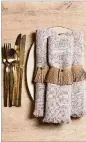  ??  ?? Use fringe fabric for napkin rings.