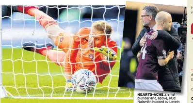  ??  ?? HEARTS-ACHE Zlamal blunder and, above, KOd Naismith hugged by Levein