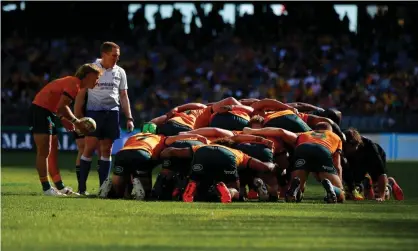  ??  ?? The Wallabies form their scrum during the Bledisloe Cup defeat to the All Blacks in Perth lastweeken­d. Photograph: James Worsfold/Getty Images