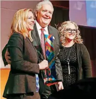  ?? [PHOTOS BY NATE BILLINGS, ?? From left, board chair Tricia Everest, Mike Turpen and president and CEO Deborah McAuliffe Senner pose for a photo after Turpen was surprised with the Aubrey McClendon Visionary Award for the Arts during the Allied Arts 2018 Campaign Kickoff at the...