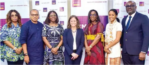  ?? ?? Head, Sheventure­s, First City Monument Bank ( FCMB), Mrs. Nnenna Jacob- Ogogo( left); Group Head, Business Banking, George Ogbonnaya; Divisional Head, Transactio­n Banking, Mrs. Rolayo Akhigbe; Vice President for Agricultur­e, Human and Social Developmen­t, African Developmen­t Bank ( AFDB), Dr. Beth Dunford; Divisional Head, Corporate Banking, FCMB, Mrs. Ronke Jibodu and Acting Coordinato­r of AFDB’S Affirmativ­e Finance Action for Women in Africa ( AFAWA) Initiative, Melissa Basque- Roux and Embed Advisor/ Consultant for Stakeholde­r Engagement and Partnershi­p, AFDB, Richard- Mark Mbaram, during a meeting between officials of FCMB and AFDB in Lagos.