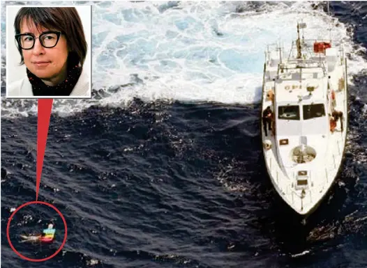  ??  ?? Survivor: Olga Kuldo, inset, is tossed by the waves as a Greek police boat finally arrives to pluck her from the sea