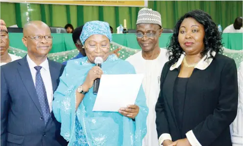  ??  ?? From left: Director, Library Services, Federal Ministry of Education, Mr Boye Ogundana; Acting Permanent Secretary, Federal Ministry of Education, Mrs Hindatu Abdullahi; Deputy Director, Office of Senior Special Assistant to the President on Millennium...