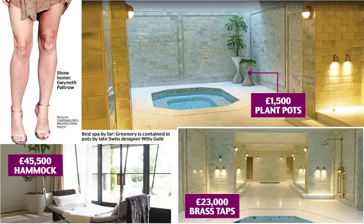  ?? ?? Best spa by far: Greenery is contained in pots by late Swiss designer Willy Guhl
Just hanging around: Hammock in the living room by Jim Zivic for Ralph Pucci £23,000 BRASS TAPS £1,500 PLANT POTS
Golden wonder: The enormous spa also boasts unlacquere­d brass taps by R.W. Atlas £45,500 HAMMOCK