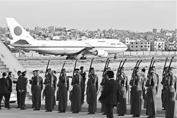  ??  ?? The Japanese Air Self Defence Force Boeing 747 taxis at the Queen Alia Internatio­nal Airport as the Japanese prime minister and his wife arrive in Amman for an official visit to Jordan on April 30. — AFP photo