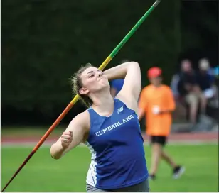  ?? Photos by Jerry Silberman / risportsph­oto.com ?? Central Falls javelin thrower Dulcinea Burgo (35) finished second at Saturday’s state meet with a throw of 123 feet, 4 inches, while Cumberland’s Victoria DeDonato was sixth with a throw of 108-1.