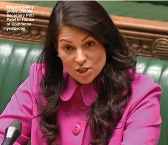  ??  ?? Migrant policy probe...Home Secretary Priti Patel in House of Commons yesterday