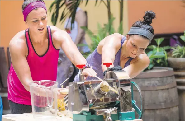  ?? PHOTOS: CTV/BELL ?? Kristen McKenzie, left, and Steph Leclair take the sugar cane challenge at the Museo del Ron Havana Club (The Havana Club Museum of Rum) for The Amazing Race Canada.