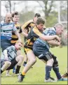  ??  ?? Lochaber’s Callum Boyd tussles with the Shetland opposition. Photos: Abrightsid­e Photograph­y.