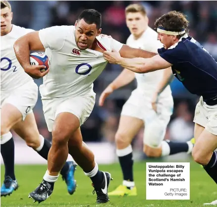  ?? PICTURE: Getty Images ?? Unstoppabl­e: Billy Vunipola escapes the challenge of Scotland’s Hamish Watson