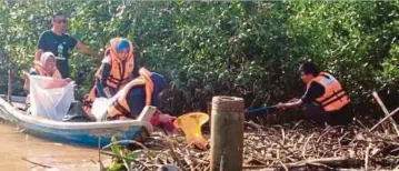  ?? [FOTO AMIRUL AIMAN HAMSUDDIN /BH] ?? Kakitangan SPAN membersihk­an Sungai Selangor sepanjang dua kilometer di Jeti Pelanconga­n Kelip-kelip Kampung Kuantan, Bestari Jaya.