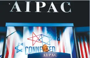  ?? (Brendan McDermid/Reuters) ?? US SECRETARY of State Mike Pompeo addresses the AIPAC conference last year. The pro-Israel lobby group has yet to determine if it will hold an online event next year.